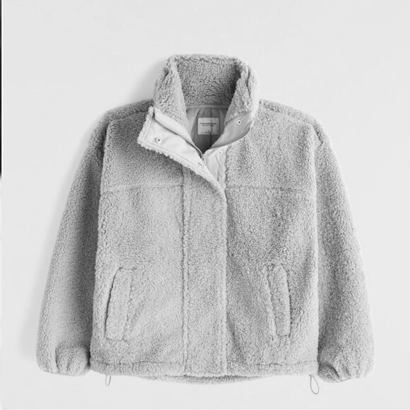 NWT Abercrombie Cinched Cocoon Sherpa Full-Zip LIGHT GREY XS - Picture 1 of 5
